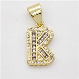 Copper Pendant Pave Zirconia Letter-K Gold Plated, approx 13-18mm [FN44435]