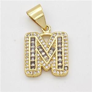 Copper Pendant Pave Zirconia Letter-M Gold Plated, approx 13-18mm [FN44437]