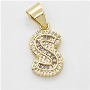 Copper Pendant Pave Zirconia Letter-S Gold Plated, approx 13-18mm [FN44443]