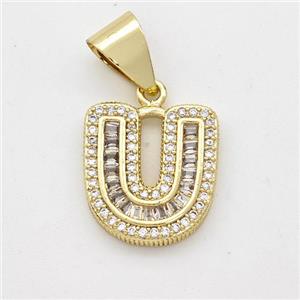 Copper Pendant Pave Zirconia Letter-U Gold Plated, approx 13-18mm [FN44445]