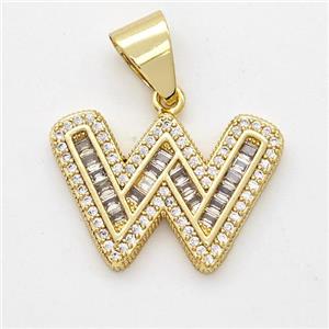 Copper Pendant Pave Zirconia Letter-W Gold Plated, approx 13-18mm [FN44447]