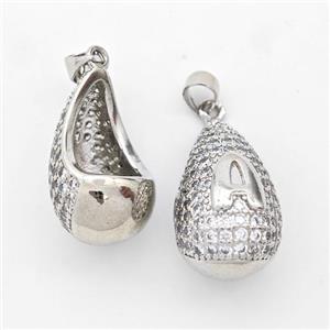 Copper Teardrop Pendant Pave Zirconia Letter-A Hollow Platinum Plated, approx 14-24mm [FN44452]