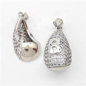 Copper Teardrop Pendant Pave Zirconia Letter-B Hollow Platinum Plated, approx 14-24mm [FN44453]