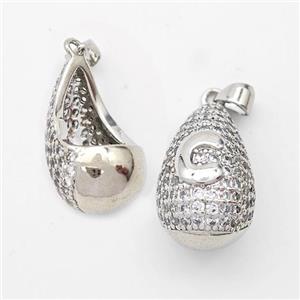 Copper Teardrop Pendant Pave Zirconia Letter-C Hollow Platinum Plated, approx 14-24mm [FN44454]