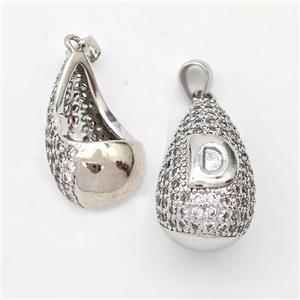 Copper Teardrop Pendant Pave Zirconia Letter-D Hollow Platinum Plated, approx 14-24mm [FN44455]
