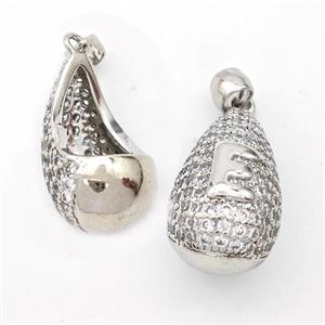 Copper Teardrop Pendant Pave Zirconia Letter-E Hollow Platinum Plated, approx 14-24mm [FN44456]