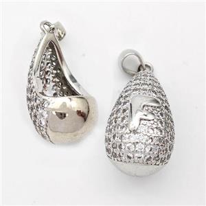 Copper Teardrop Pendant Pave Zirconia Letter-F Hollow Platinum Plated, approx 14-24mm [FN44457]