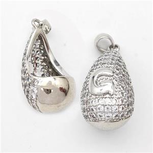 Copper Teardrop Pendant Pave Zirconia Letter-G Hollow Platinum Plated, approx 14-24mm [FN44458]