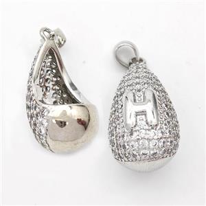 Copper Teardrop Pendant Pave Zirconia Letter-H Hollow Platinum Plated, approx 14-24mm [FN44459]