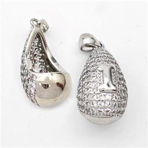Copper Teardrop Pendant Pave Zirconia Letter-I Hollow Platinum Plated, approx 14-24mm [FN44460]