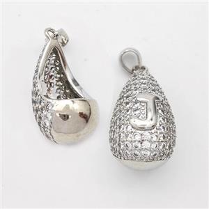 Copper Teardrop Pendant Pave Zirconia Letter-J Hollow Platinum Plated, approx 14-24mm [FN44461]