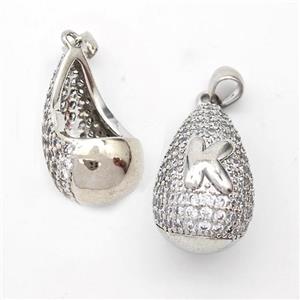 Copper Teardrop Pendant Pave Zirconia Letter-K Hollow Platinum Plated, approx 14-24mm [FN44462]