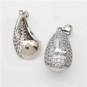 Copper Teardrop Pendant Pave Zirconia Letter-L Hollow Platinum Plated, approx 14-24mm [FN44463]