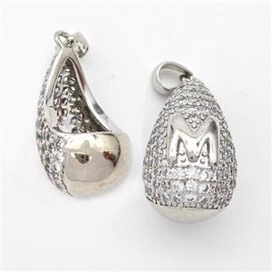 Copper Teardrop Pendant Pave Zirconia Letter-M Hollow Platinum Plated, approx 14-24mm [FN44464]