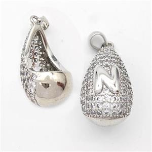 Copper Teardrop Pendant Pave Zirconia Letter-N Hollow Platinum Plated, approx 14-24mm [FN44465]