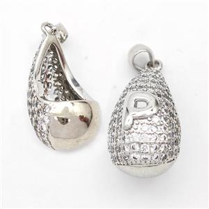 Copper Teardrop Pendant Pave Zirconia Letter-P Hollow Platinum Plated, approx 14-24mm [FN44467]