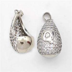 Copper Teardrop Pendant Pave Zirconia Letter-Q Hollow Platinum Plated, approx 14-24mm [FN44468]