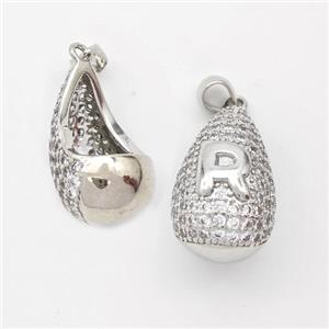 Copper Teardrop Pendant Pave Zirconia Letter-R Hollow Platinum Plated, approx 14-24mm [FN44469]
