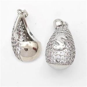 Copper Teardrop Pendant Pave Zirconia Letter-S Hollow Platinum Plated, approx 14-24mm [FN44470]