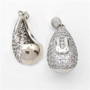 Copper Teardrop Pendant Pave Zirconia Letter-U Hollow Platinum Plated, approx 14-24mm [FN44471]
