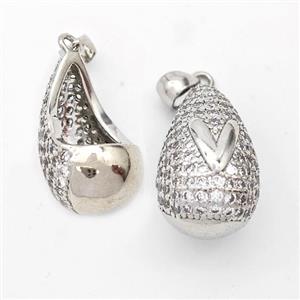 Copper Teardrop Pendant Pave Zirconia Letter-V Hollow Platinum Plated, approx 14-24mm [FN44472]