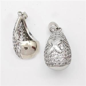 Copper Teardrop Pendant Pave Zirconia Letter-X Hollow Platinum Plated, approx 14-24mm [FN44474]