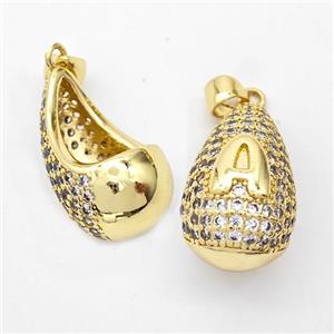 Copper Teardrop Pendant Pave Zirconia Letter-A Hollow Gold Plated, approx 14-24mm [FN44478]