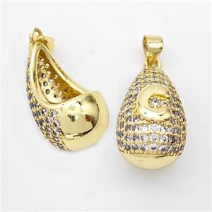 Copper Teardrop Pendant Pave Zirconia Letter-C Hollow Gold Plated, approx 14-24mm [FN44480]