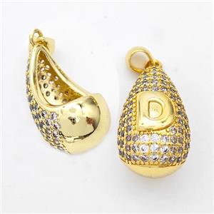 Copper Teardrop Pendant Pave Zirconia Letter-D Hollow Gold Plated, approx 14-24mm [FN44481]