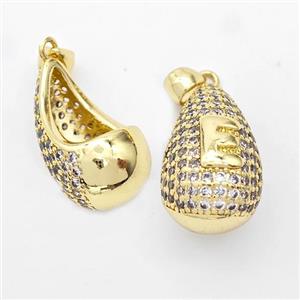 Copper Teardrop Pendant Pave Zirconia Letter-E Hollow Gold Plated, approx 14-24mm [FN44482]