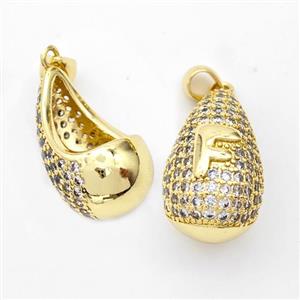 Copper Teardrop Pendant Pave Zirconia Letter-F Hollow Gold Plated, approx 14-24mm [FN44483]