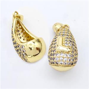 Copper Teardrop Pendant Pave Zirconia Letter-L Hollow Gold Plated, approx 14-24mm [FN44489]