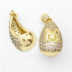 Copper Teardrop Pendant Pave Zirconia Letter-M Hollow Gold Plated, approx 14-24mm [FN44490]
