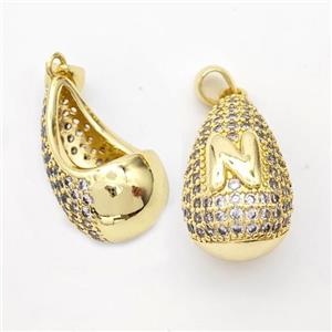 Copper Teardrop Pendant Pave Zirconia Letter-N Hollow Gold Plated, approx 14-24mm [FN44491]