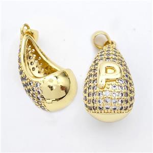 Copper Teardrop Pendant Pave Zirconia Letter-P Hollow Gold Plated, approx 14-24mm [FN44493]