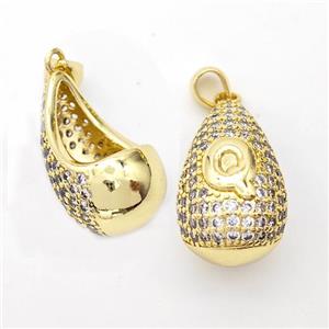 Copper Teardrop Pendant Pave Zirconia Letter-Q Hollow Gold Plated, approx 14-24mm [FN44494]