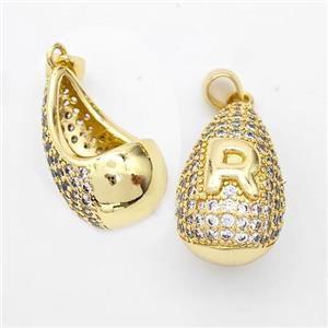 Copper Teardrop Pendant Pave Zirconia Letter-R Hollow Gold Plated, approx 14-24mm [FN44495]