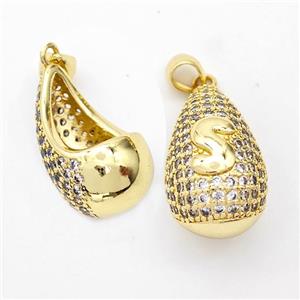 Copper Teardrop Pendant Pave Zirconia Letter-S Hollow Gold Plated, approx 14-24mm [FN44496]