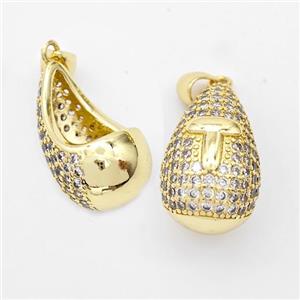 Copper Teardrop Pendant Pave Zirconia Letter-T Hollow Gold Plated, approx 14-24mm [FN44497]