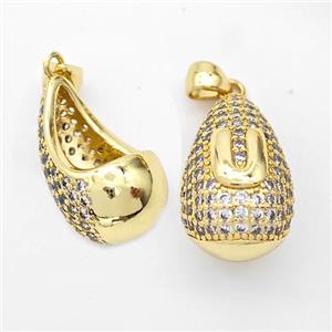 Copper Teardrop Pendant Pave Zirconia Letter-U Hollow Gold Plated, approx 14-24mm [FN44498]