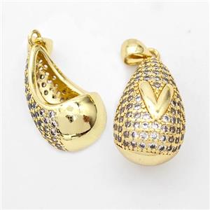 Copper Teardrop Pendant Pave Zirconia Letter-V Hollow Gold Plated, approx 14-24mm [FN44499]