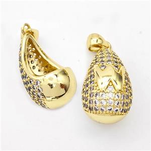 Copper Teardrop Pendant Pave Zirconia Letter-W Hollow Gold Plated, approx 14-24mm [FN44500]