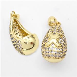 Copper Teardrop Pendant Pave Zirconia Letter-X Hollow Gold Plated, approx 14-24mm [FN44501]