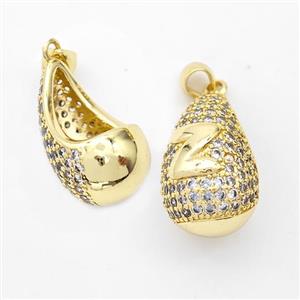 Copper Teardrop Pendant Pave Zirconia Letter-Z Hollow Gold Plated, approx 14-24mm [FN44503]