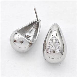 Copper Teardrop Stud Earring Pave Zirconia Letter-A Platinum Plated, approx 11-18mm [FN44505]