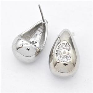Copper Teardrop Stud Earring Pave Zirconia Letter-C Platinum Plated, approx 11-18mm [FN44507]