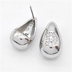 Copper Teardrop Stud Earring Pave Zirconia Letter-D Platinum Plated, approx 11-18mm [FN44508]