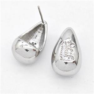 Copper Teardrop Stud Earring Pave Zirconia Letter-E Platinum Plated, approx 11-18mm [FN44509]