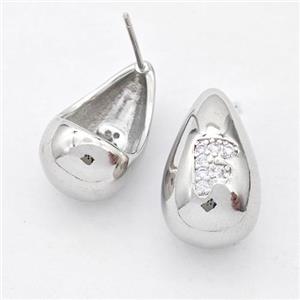 Copper Teardrop Stud Earring Pave Zirconia Letter-F Platinum Plated, approx 11-18mm [FN44510]