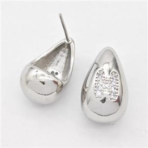 Copper Teardrop Stud Earring Pave Zirconia Letter-H Platinum Plated, approx 11-18mm [FN44512]